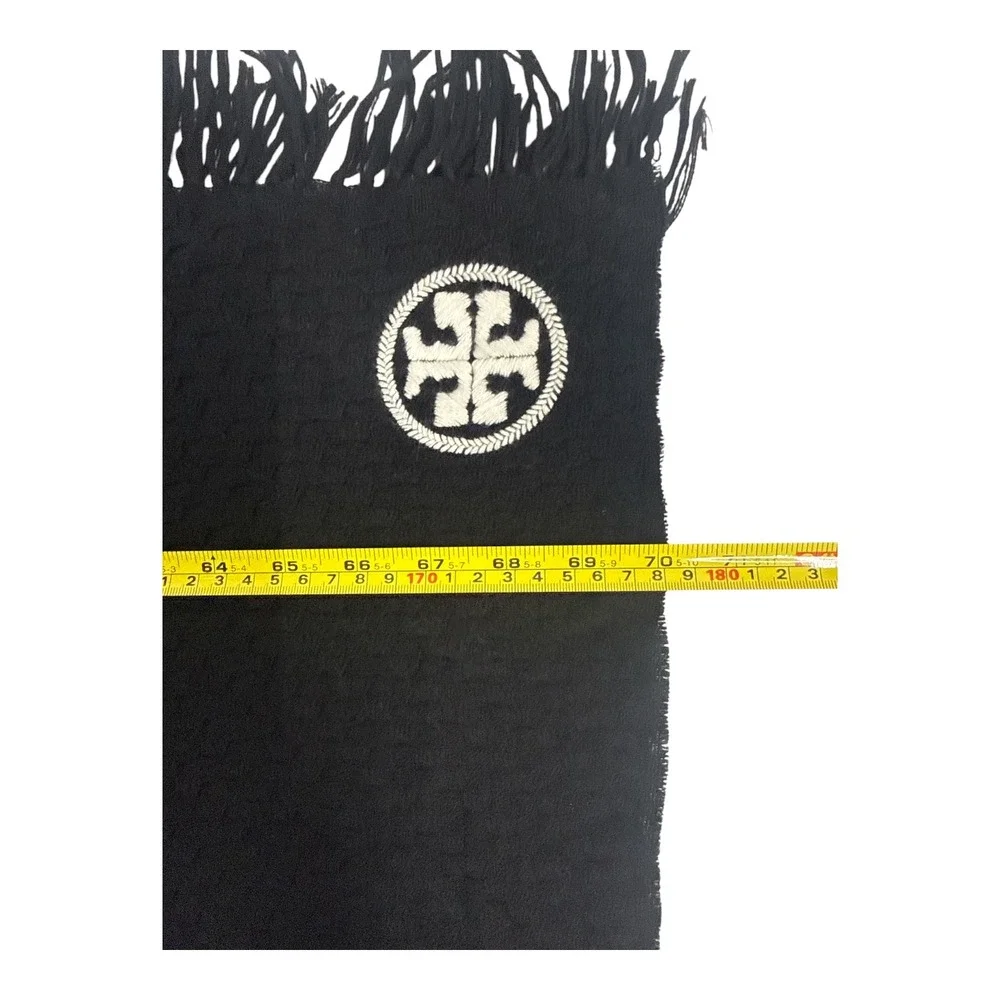 NWOT Tory Burch Black Merino‎ Wool Fringe Wrap Scarf Logo Quiet Luxury Old Money